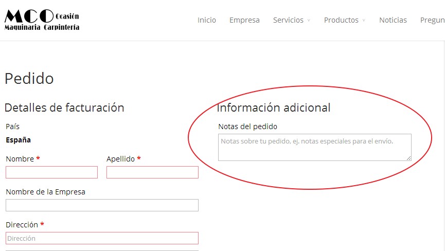 Información adicional a su pedido. Notas sobre su pedido que usted considere necesarias.