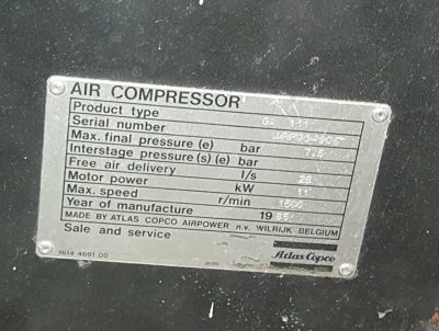 Compresor Atlas Copco GA 111 y depósito de 500 Litros