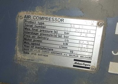 Placa de características Compresor de aire GA 18 de Atlas Copco